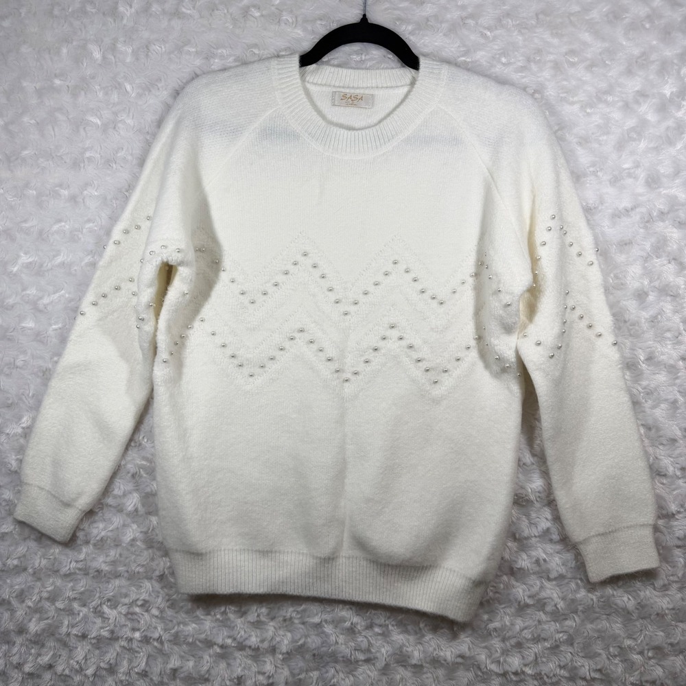 SASA Fashion Womens L‎ White Pearl Embellished Chevron Knit Crewneck Sweater